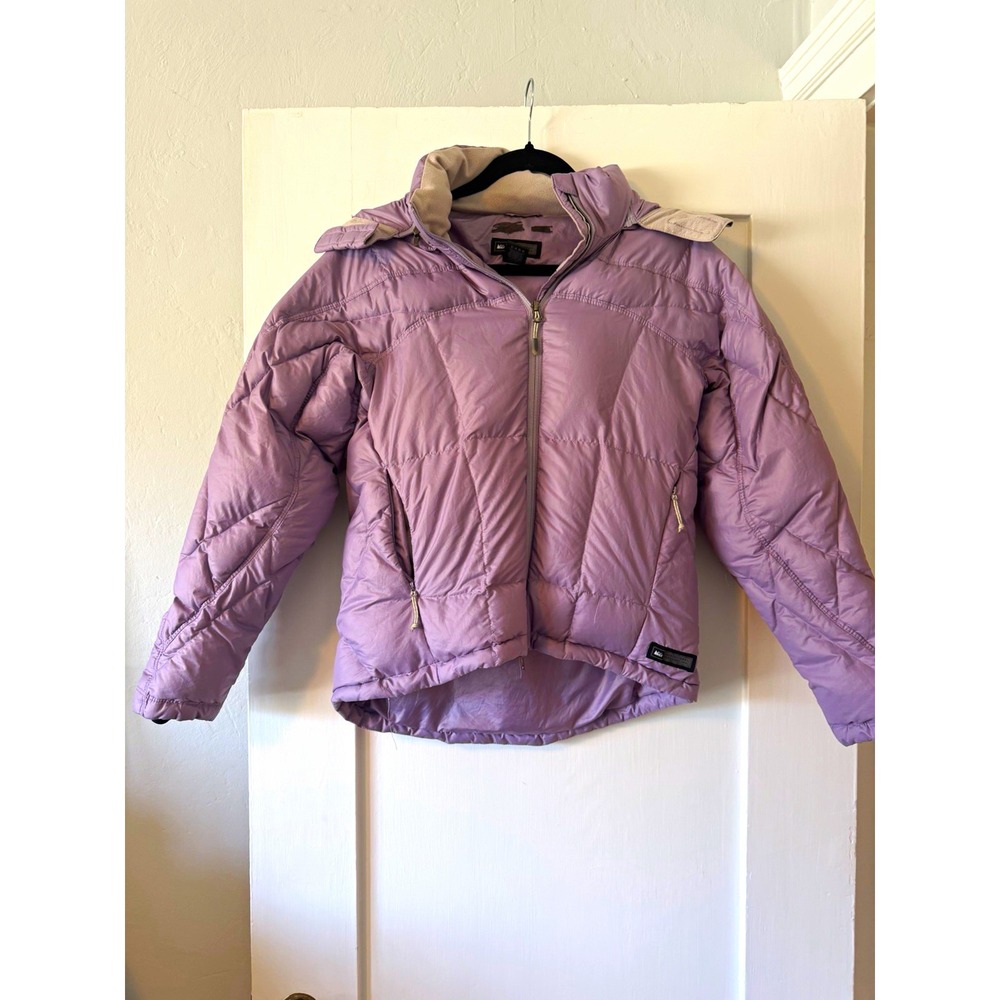 REI Vintage Goose Down Puffer Jacket Womens XS Lavender Purple Hooded Y2K